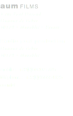 aum FILMS 3 rue Paul Durand Hameau de Fabre 30170 • Monoblet • France Studio post production Hameau de Fabre 30170 • Monoblet mobile : +33(0)603021785 téléphone : +33(0)466854125 courriel : 
